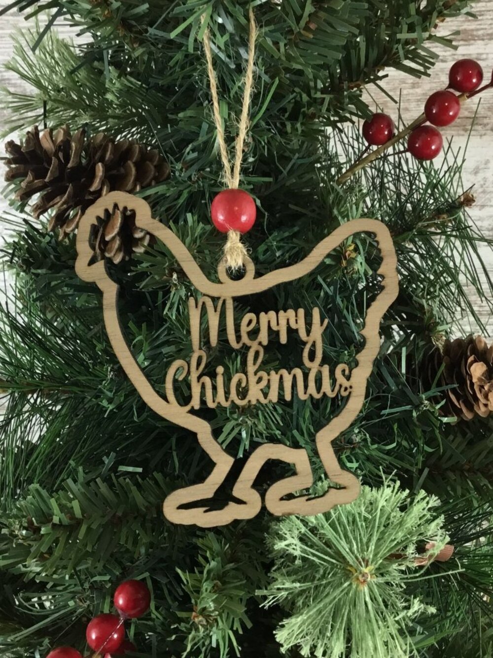 Merry Chickmas Wood Chicken Christmas Ornament